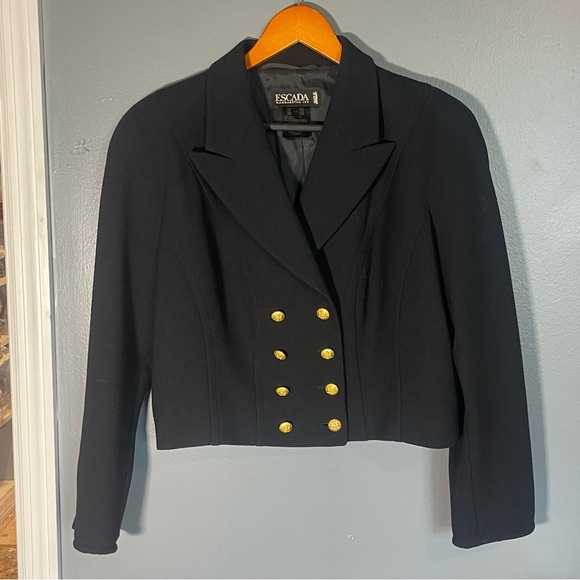 ESCADA Margaretha Ley Vtg 80’s Black Cropped Wool Gold Crest Button Jacket Sz 42 - Picture 4 of 16